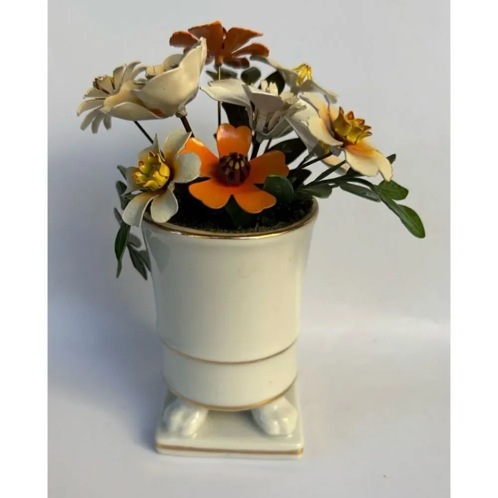 Vintage Ted Arnold Enamel on Copper Colorful Flower Bouquet W/Porcelain Base
